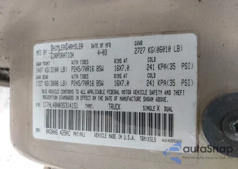 2003 Dodge Dakota Slt from USA, damaged, VIN 1D7HL48N03S314151